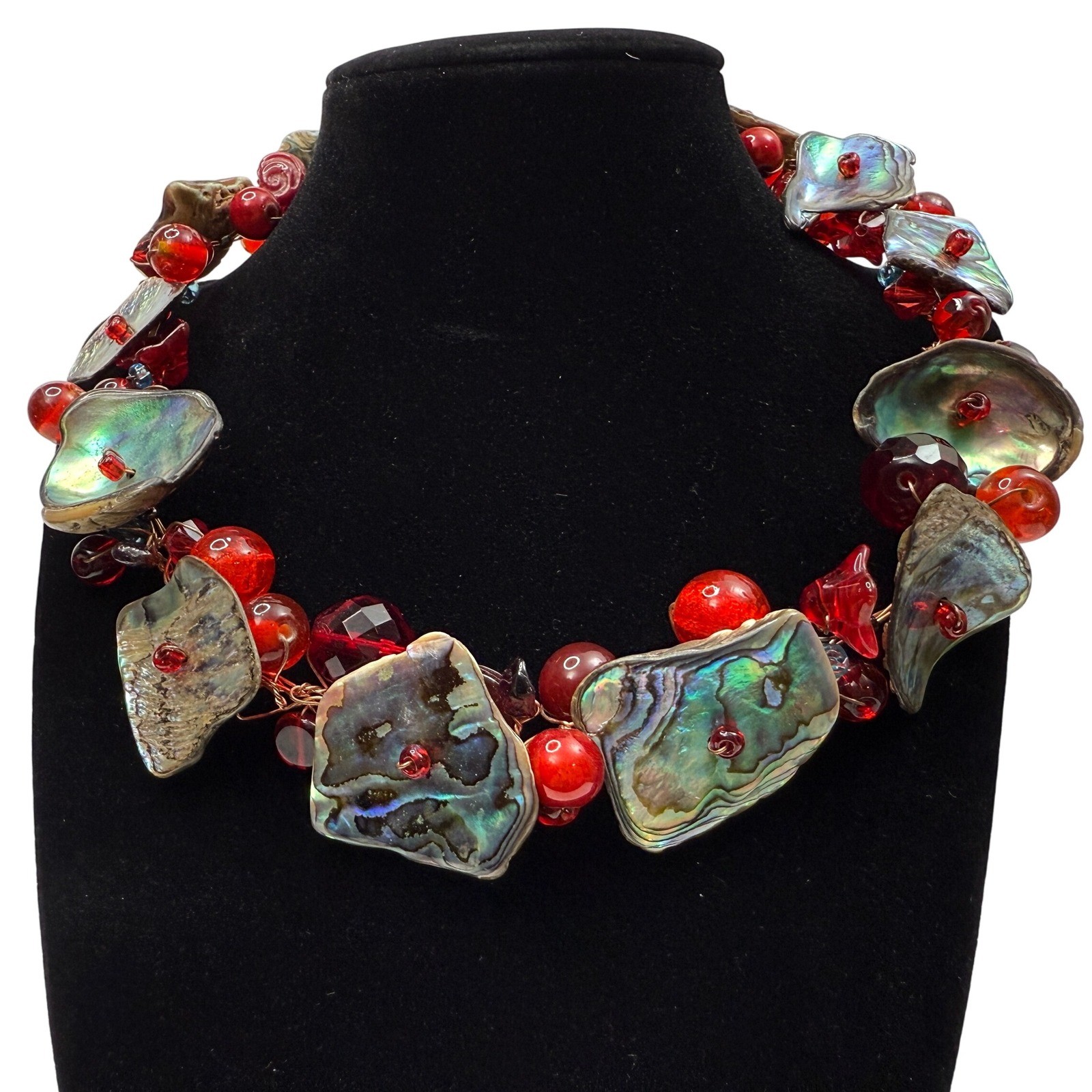 Abalone Shell Collar Necklace Statement Red Cryst… - image 4