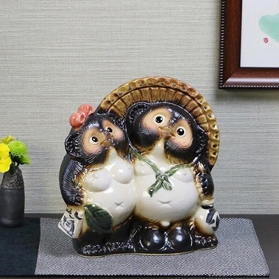 Shigaraki Ware Tanuki Pair Figurine, Size 8 (Ceramic)