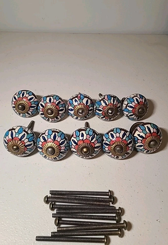 10 Antique Style Ceramic Hand Decorated Bronze Tone Drawer Pulls Knobs Vintage - Image 2 of 4