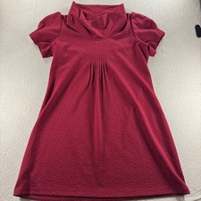 Burgundy Textured Cowl Neck Shift Dress Womens L Red Puff Sleeve Pintuck Exc