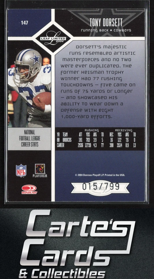Tony Dorsett 2004 Leaf Limited #147 Dallas Cowboys Hall of Fame 15/799 - Image 2 of 2