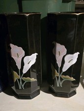 Vintage Pair: Otagiri Japan Vases. Black Hand Painted, Gold Trim, Calla Lillies.