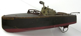 LARGE 1920s SEAWORTHY BOATS FLYING YANKEE WIND UP WOODEN SPEED BOAT 21" LONG