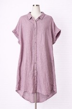 Tahari Womens 1X Linen Shirt Dress Purple Button Front Collared Short Sleeve