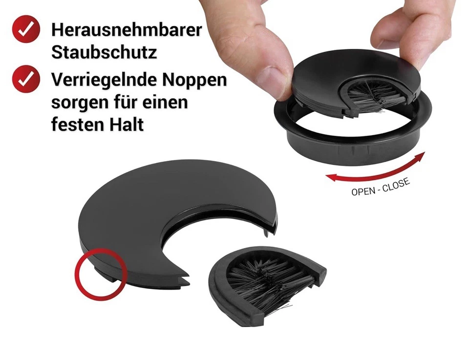 Juego de 2 pasacables 60 mm junta de cerdas de metal paso de cable negro LouMaxx Foto 3 de 4