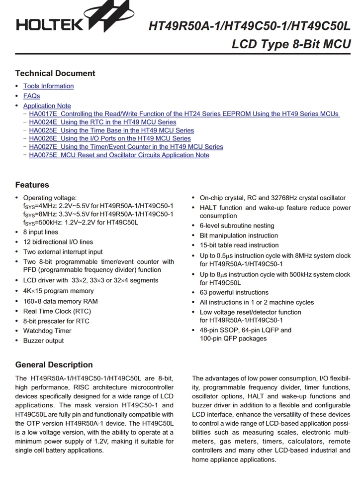 10PCS HT49R50A-1 HOLTEK 8-Bit OTP Microcontroller MCU IC SSOP-48 LCD Driver Type - Image 3 of 4