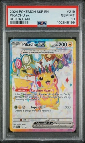 2024 Pokémon SSP EN-SURGING SPARKS ULTRA RARE #219 PIKACHU EX PSA 10 HS