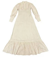 VTG 70s Maxi Dress XS/S Cream Linen Blend Handmade Prairie Modest Boho Maxi Lace