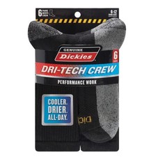 6 Pack Genuine Dickies Mens Dritech Crew Socks Moisture Control Black Size 6-12