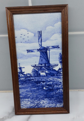 Delfter blau handbemalt gerahmt Windmühle Keramikfliese Wandbehang 4 1/2'' x 8 1/4