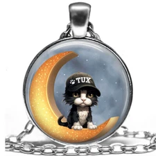 Tux On Crescent Moon Black & White Tuxedo Cat Mom Gift Necklace 24" Link Chain