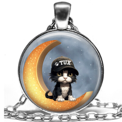 Tux On Crescent Moon Black & White Tuxedo Cat Mom Gift Necklace 24'' Link Chain