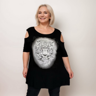 ROCKTHOSECURVES DAMEN TOP COLD SHOULDER LONG T-SHIRT PAILLETTEN LEOPARD ÜBERGRÖSSE