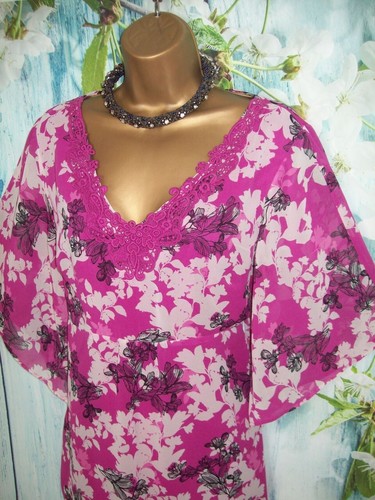 M&S TOP SIZE 14, Per Una Pink Floral Kimono Summer holiday Floaty Blouse Tunic - Picture 8 of 11
