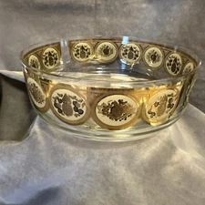 Vintage Mid-Century Cera Large Gold Fruit Harvest Medallion Glass Bowl Signed