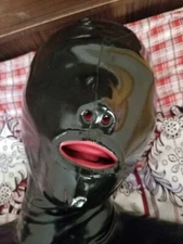 Latex gummi mask closed eyes 15cm long nose tube red teeth no zip 0.4mm