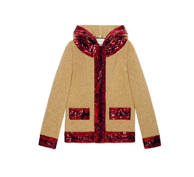 NUOVA giacca Gucci con cappuccio in lurex con paillettes in oro taglia S #DC22