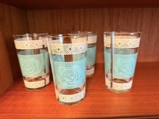 Vtg Libbey Turquoise White Rose Needlepoint D...