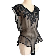 VTG Victoria s Secret Gold Label Black Sheer Floral Ruffle Bodysuit Sz S Gothic