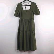 Uniqlo Linen Dress Size M Khaki Green Midi Tiered Baby Doll Shirring Linen Mix