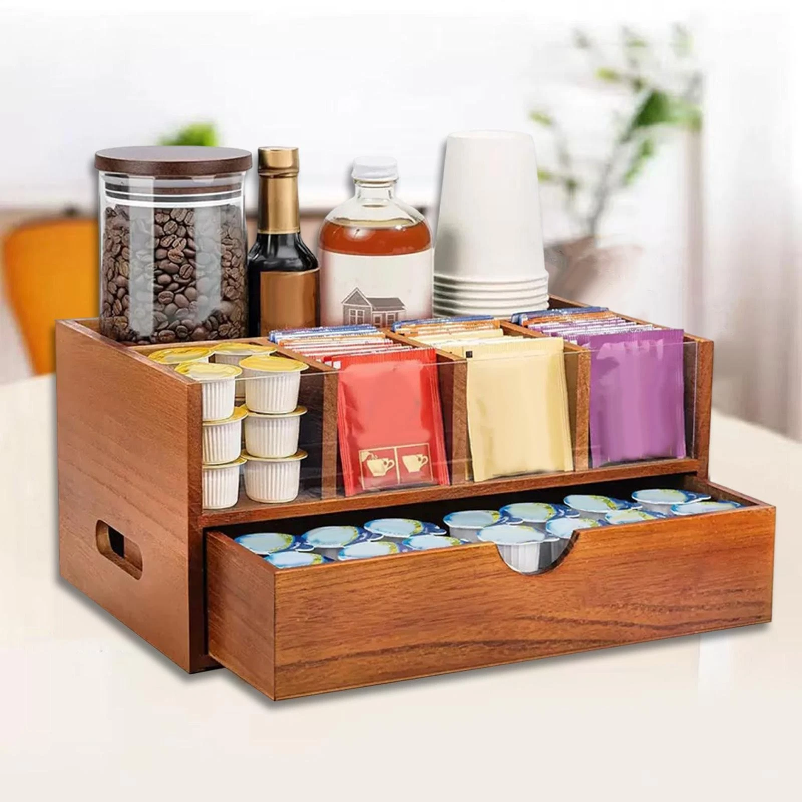Coffee Station Organizer Wood Countertop Organizer for Desk Countertop Hotel