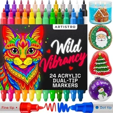 24 Acrylic Paint Markers for Rock, Fabric, Wood, Glass, Craft, Decoration - Dual