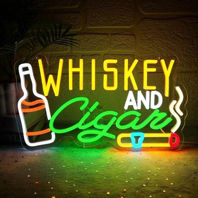 16''x9'' Whiskey Cigar Bar Club LED Neon Sign With Dimmer USB Powered Light Lamp
