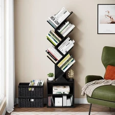 6 Tier Tree Bookshelf, Modern Floor Standing Bookcase with Storage Drawer, Sp...