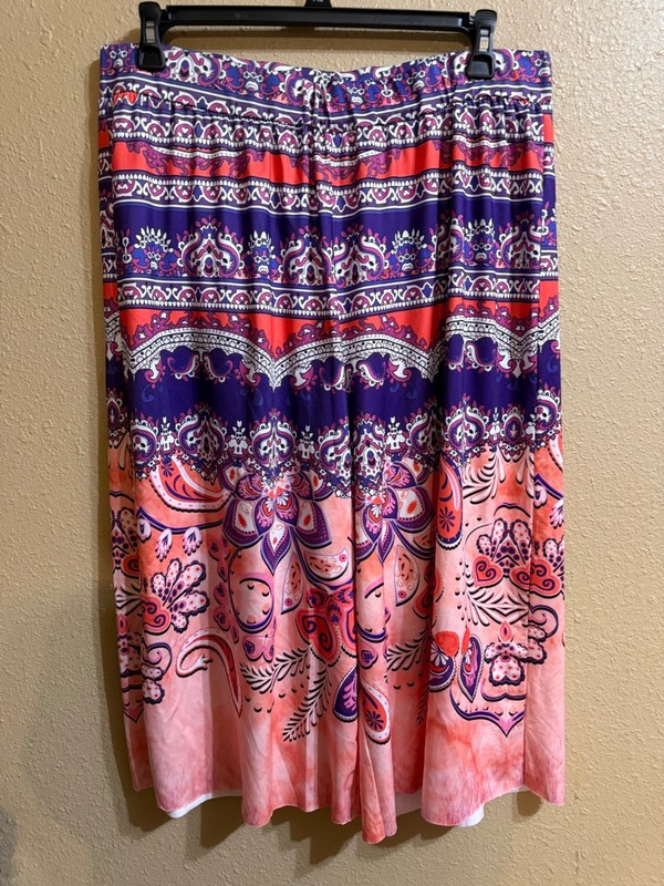 ONE WORLD WIDE LEG GAUCHO CROP PANTS SZ 1X MULTI PRINT STRETCH PULL ON