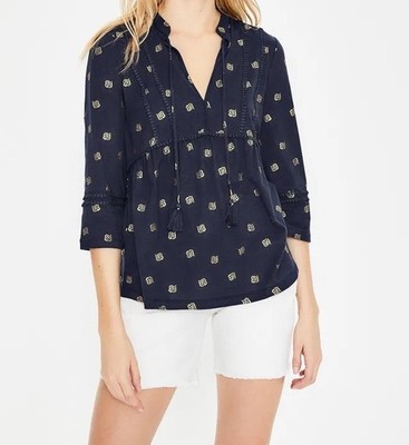 Boden Gemma Top Sz14 Navy Blue Gold Print  Jersey Blouse Womens