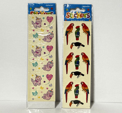 2 New Vintage Amscan Sticker Sheets Parrots Toucans Pink Kittens Birthday