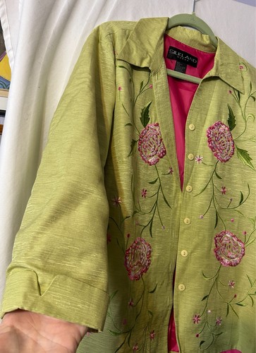 Silkland Silk Green Embroidered Floral Jacket Pink Blazer Coat Size 2X (J3) - Picture 3 of 6