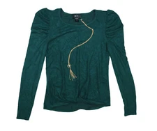 BCX Twist Front Fuzzy Knit Puff-Sleeve Women's Top w/ Necklace XS NWT Green