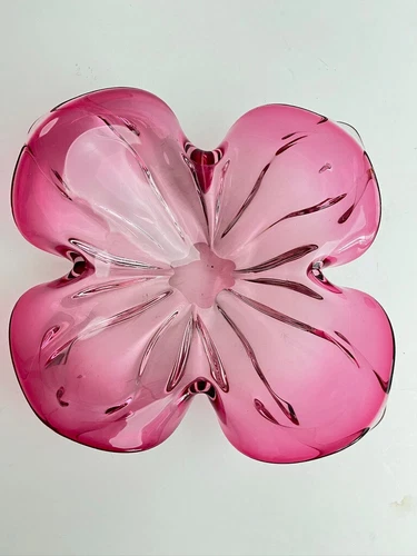 Vtg Murano 4 Petal Handblown Substantial Weight  8.5" Pink Glass Bowl 1960s