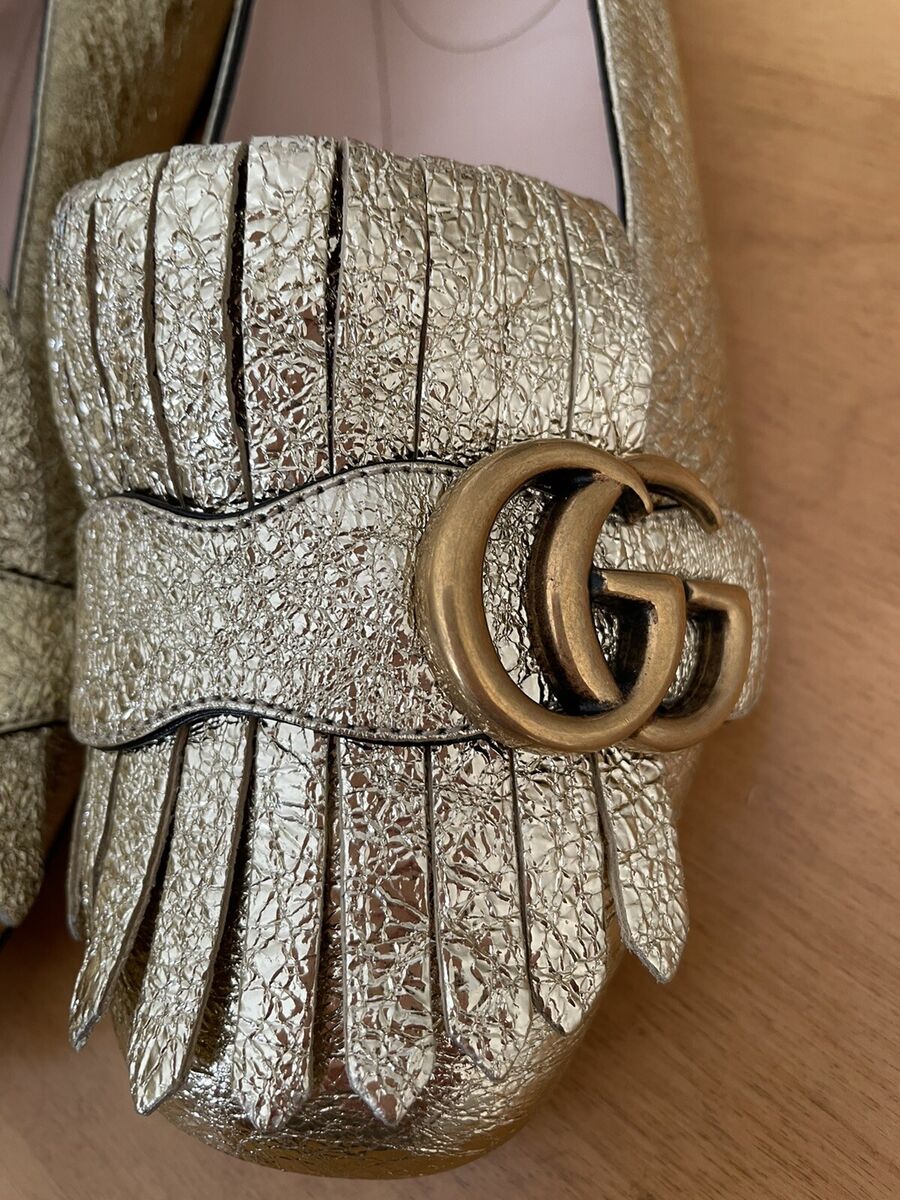 NIB GUCCI GG MARMONT Fringe Double G Logo Flat Shoe Gold NIB GUCCI GG MARMONT Fringe Double G Logo Flat Shoe Gold
