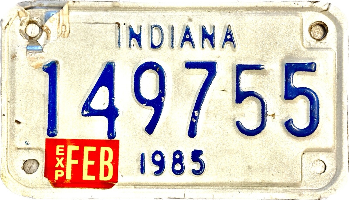 Indiana Vintage Motorcycle License Plate Blue On White No. 149755