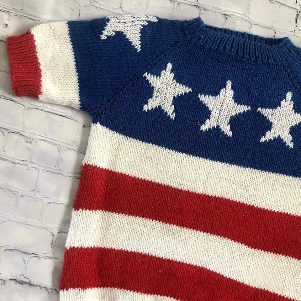 Hand Knit Home Kids USA American Flag Star Short Sleeve Sweater Size 8/10 Merica - Image 2 of 4