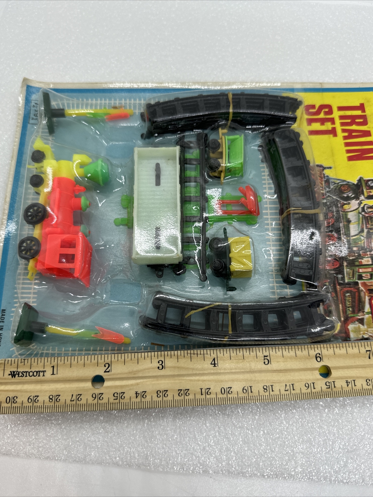 Vintage Plastic Train Set Neon Colors Sealed 7.25x9.75” Made In Hong