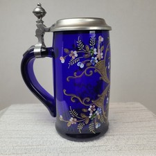 Vntg Blue Floral Cobalt Glass Beer Mug Beer Stein Collectible Mug W. Germany 