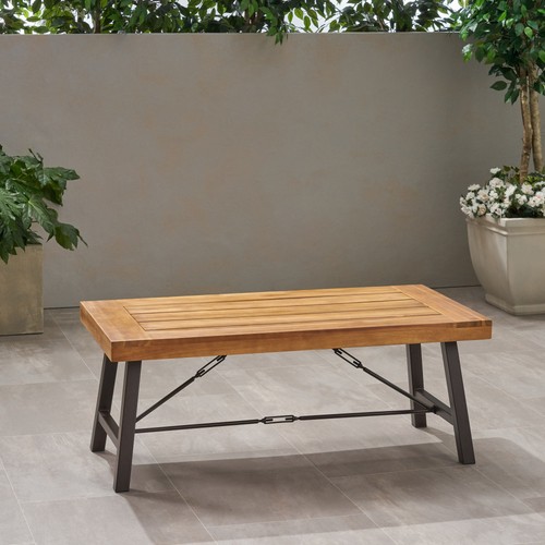 Outdoor Acacia Wood Coffee Table Teak Finish Rustic Metal Brown Black 27.25"D x