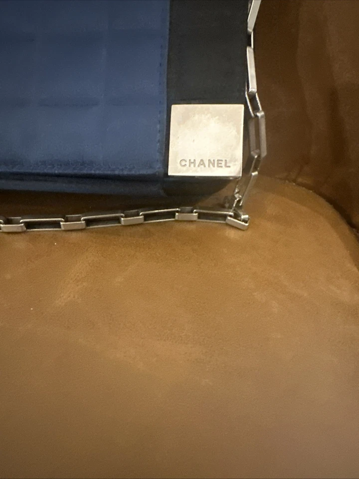 Authentic CHANEL Chocolate Bar Chain Clutch Bag Quilted Satin Mini in Blue Black - Image 2 of 4