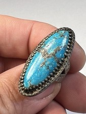 Antique Sterling Silver Turquoise Ring Size 6 Large Oval Cabochon Vintage