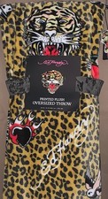 Ed Hardy Oversized Plush Throw Blanket Leopard Print w/Tigers,Dice,Hearts Logos