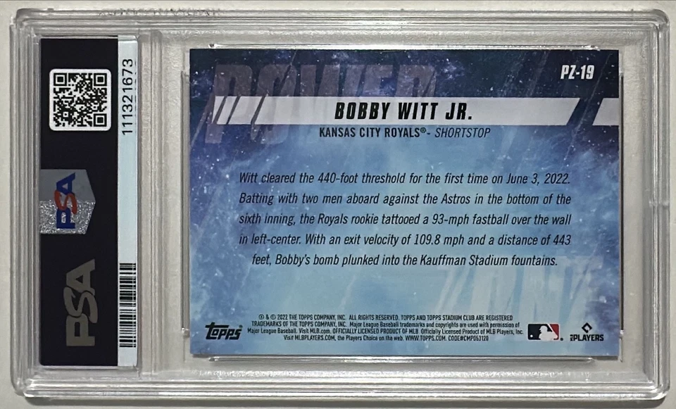 2022 Topps Stadium Club Bobby Witt Jr. RC Power Zone Red Case Hit! PSA 9 POP 5 - Image 3 of 4