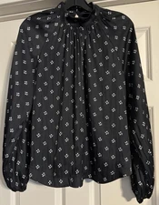$69.95 Gap Satin Mock Neck Black Print Size S Long Sleeve Keyhole Back Blouse
