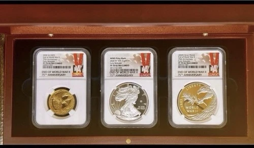 2020-W (PR70) End of WW II V75: 1/2 oz Gold Coin $25 - 2 oz Silver Eagle & Medal