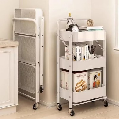 3-Tier Metal Folding Trolley Cart Office Wheel Storage Rack Rolling Shelf Beauty