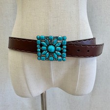 Western Boho Turquoise Flower Buckle Brown Genuine Leather Belt XL