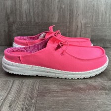 Hey Dude Wendy Slip Mules Womens 7 Neon Pink Stretch Canvas Casual Clogs NEW