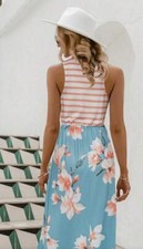 Women's 2023 Summer Striped Floral Maxi Dresses Sleeveless Casual Loose Small